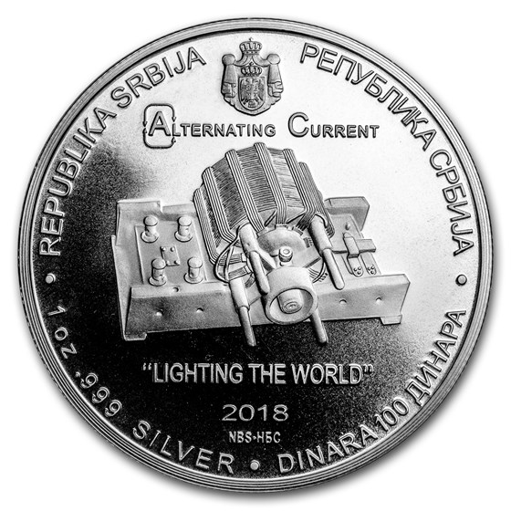2018 ROS 1 oz Silver 100 Dinar Nikola Tesla BU (AC) 2018 ROS 1 oz Silver 100 Dinar Nikola Tesla BU (AC)